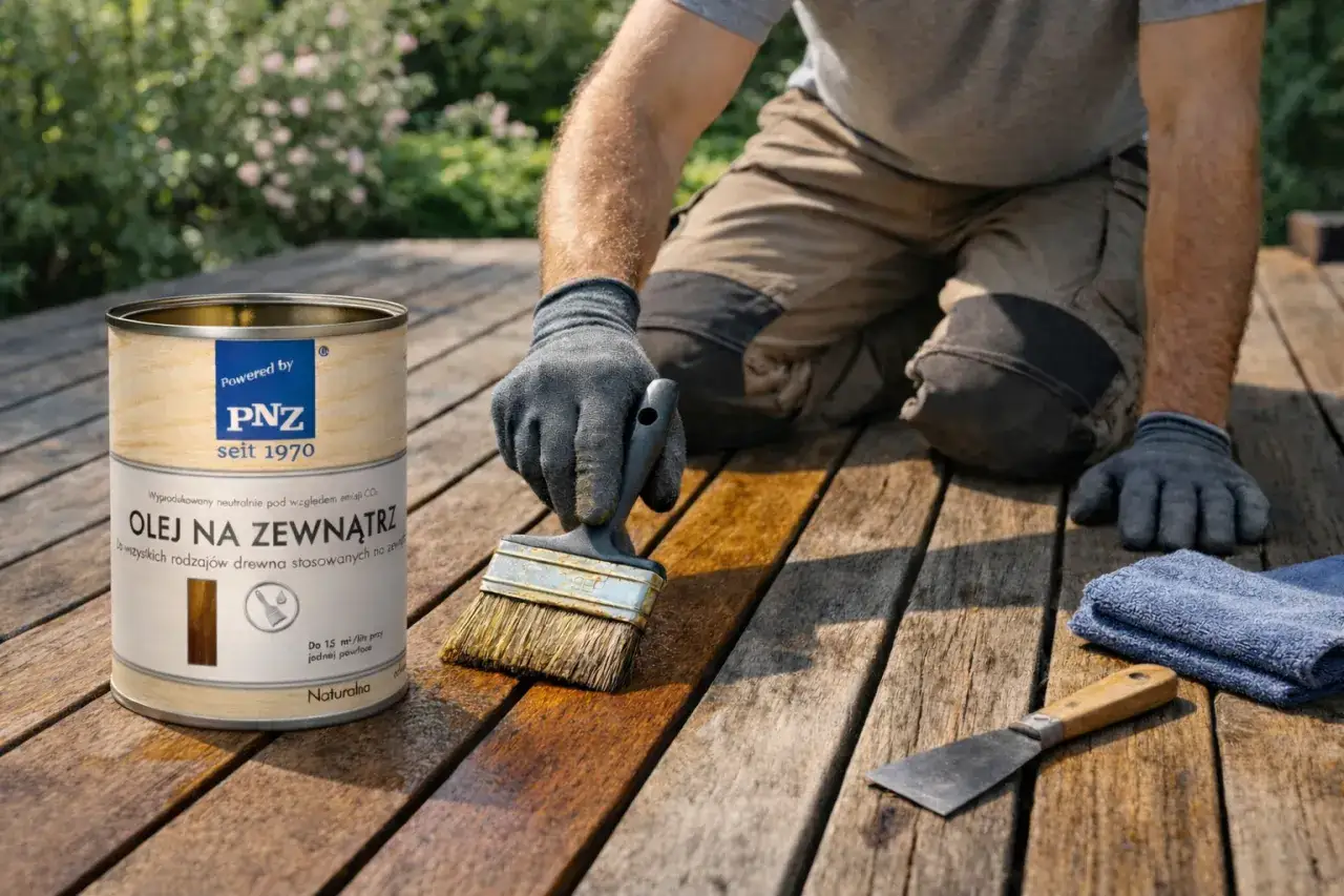 Mężczyzna w rękawiczkach nakłada pędzlem olej na taras drewniany. Obok stoi puszka z napisem 