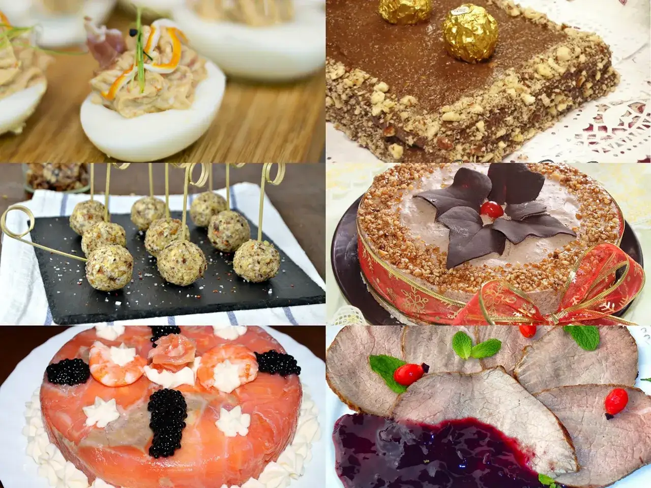 Deliciosos postres para Nochevieja: huevos rellenos, bolitas de queso, tarta de chocolate, pastel de salm&oacute;n y asado con salsa.