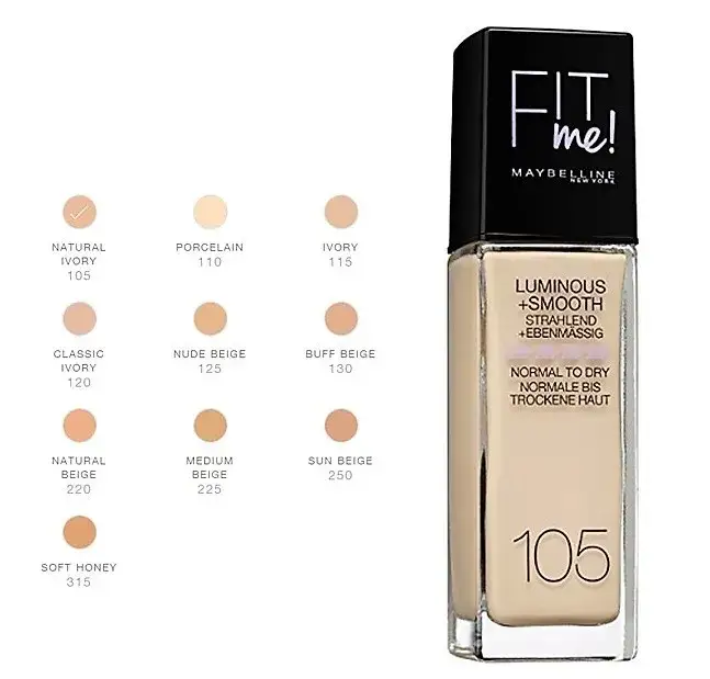 Maybelline Fit Me Luminous + Smooth foundation bottle and swatch