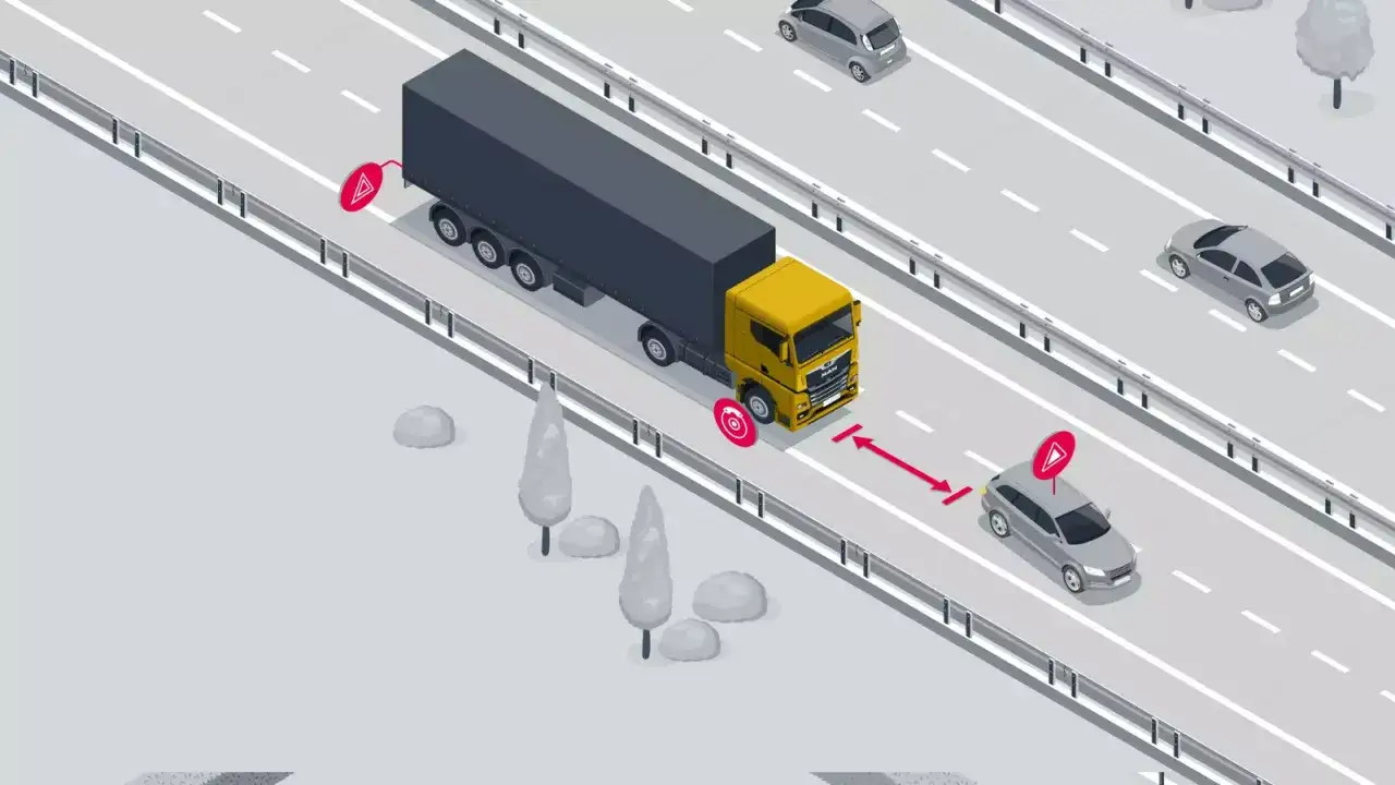 Camion jaune et remorque sur autoroute. Une voiture grise suit, avec un symbole de freinage fant&ocirc;me et une distance de s&eacute;curit&eacute; indiqu&eacute;e.