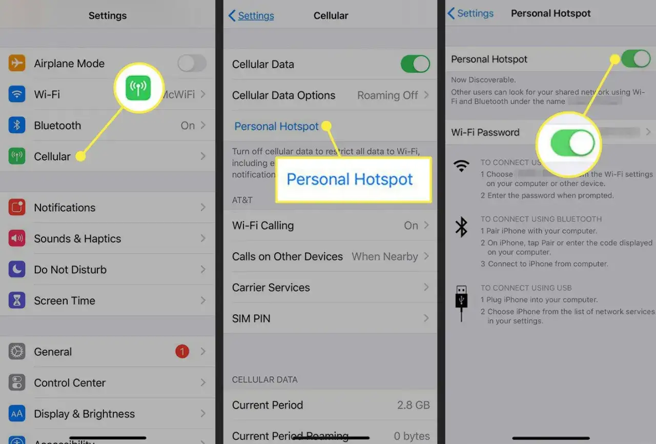 Inst&auml;llningar p&aring; en iPhone visar hur man aktiverar en personlig hotspot f&ouml;r att dela internetanslutning.