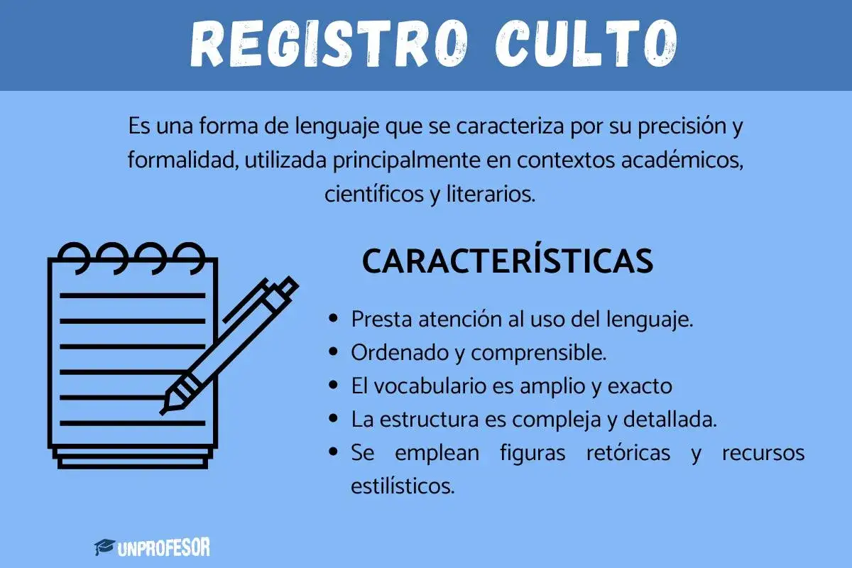 Registro culto: uno de los tipos de lengua, preciso y formal, usado en &aacute;mbitos acad&eacute;micos y literarios. Ilustra un cuaderno y un bol&iacute;grafo.