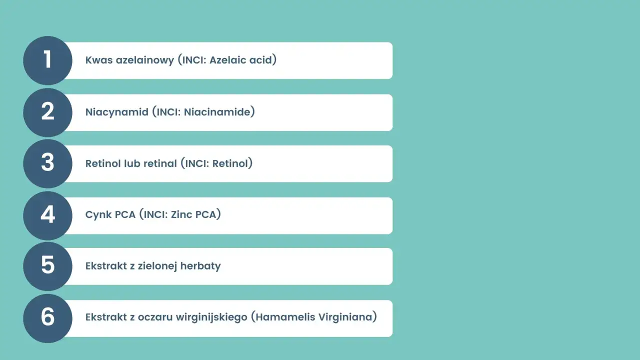 Lista składników kosmetyków: kwas azelainowy, niacynamid, retinol, cynk PCA, ekstrakt z zielonej herbaty, oczar wirginijski. Z czym nie łączyć niacynamidu?