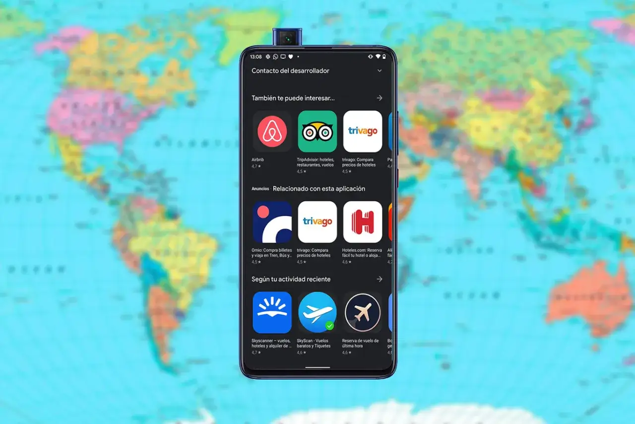 Teléfono mostrando apps de viajes como Airbnb, TripAdvisor y Trivago, con un mapa del mundo de fondo.