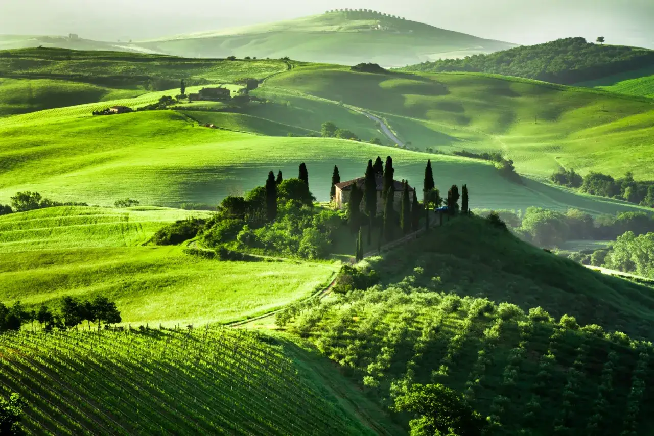 Dolci colline verdi della Toscana, con una villa circondata da cipressi e vigneti che si estendono a perdita d'occhio.