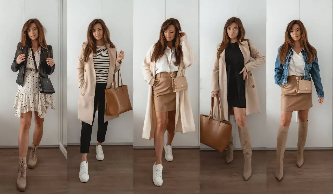 Kobieta prezentuje cztery różne stylizacje, w tym strój do szkoły: sukienka w groszki z ramoneską, beżowy płaszcz z paskiem i czarne spodnie, biała koszula z kamizelką i spódniczką, czarna sukienka z płaszczem oraz jeansowa kurtka ze spódniczką.