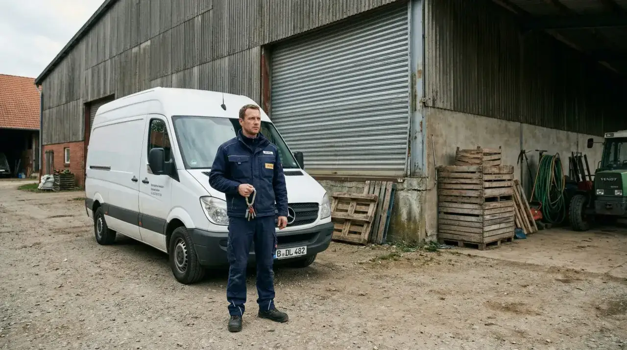 Mann mit Schl&uuml;sseln steht vor wei&szlig;em Lieferwagen auf einem Bauernhof. Zeitarbeit kein Einsatz kein Geld.