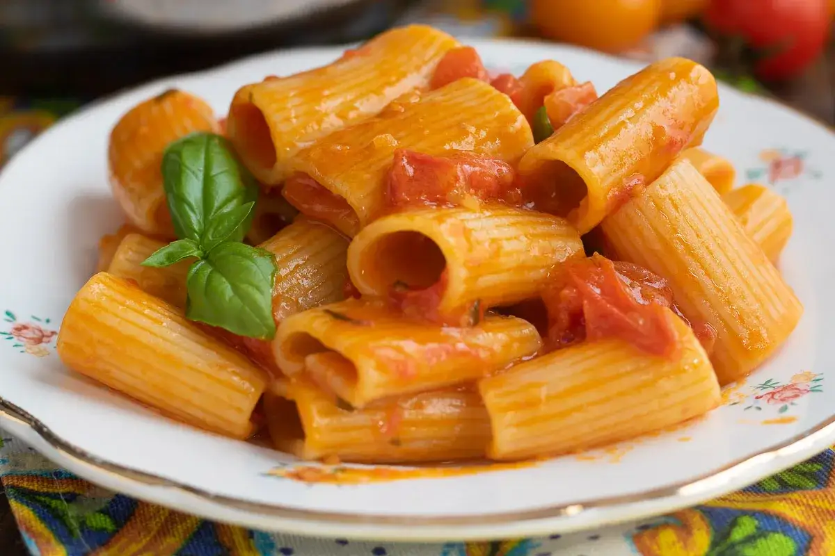 Un piatto di pasta alla carrettiera con rigatoni conditi con un sugo rosso e una foglia di basilico fresco.