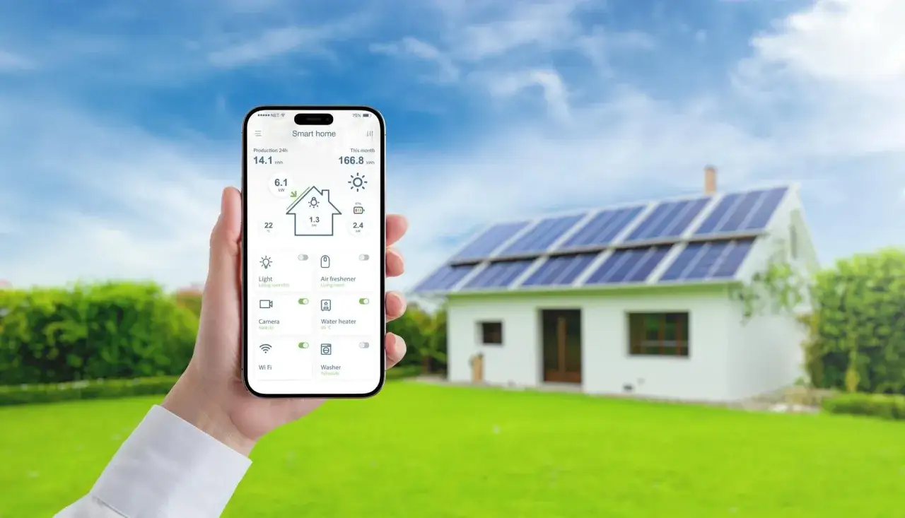 En hand h&aring;ller en mobil med en smart hem-app som visar solenergi-produktion fr&aring;n ett hus med solpaneler. Gosol energi AB m&ouml;jligg&ouml;r detta.