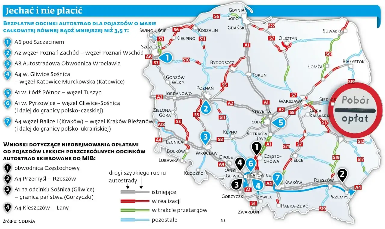 Mapa Polski z zaznaczonymi bezpłatnymi odcinkami autostrad, w tym autostrada A8 w Niemczech.