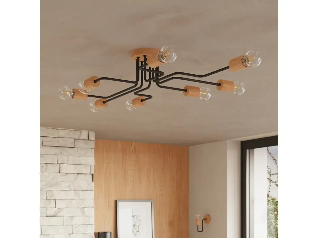 Nowoczesny żyrandol loft z drewnem, z ośmioma żarówkami w stylu retro, idealny do industrialnych wnętrz.