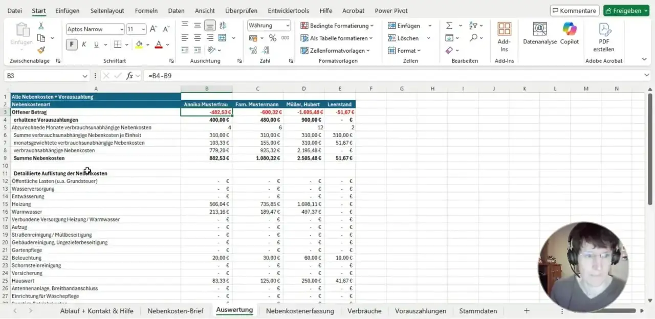 Excel-Tabelle zeigt eine Vorlage Nebenkostenabrechnung mit detaillierter Auflistung der Kosten für verschiedene Mieter.