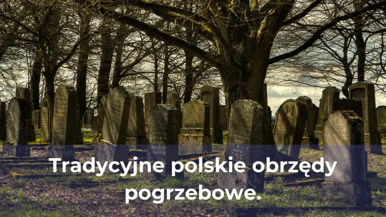 Stare nagrobki na cmentarzu, drzewa bez liści. Tekst: 