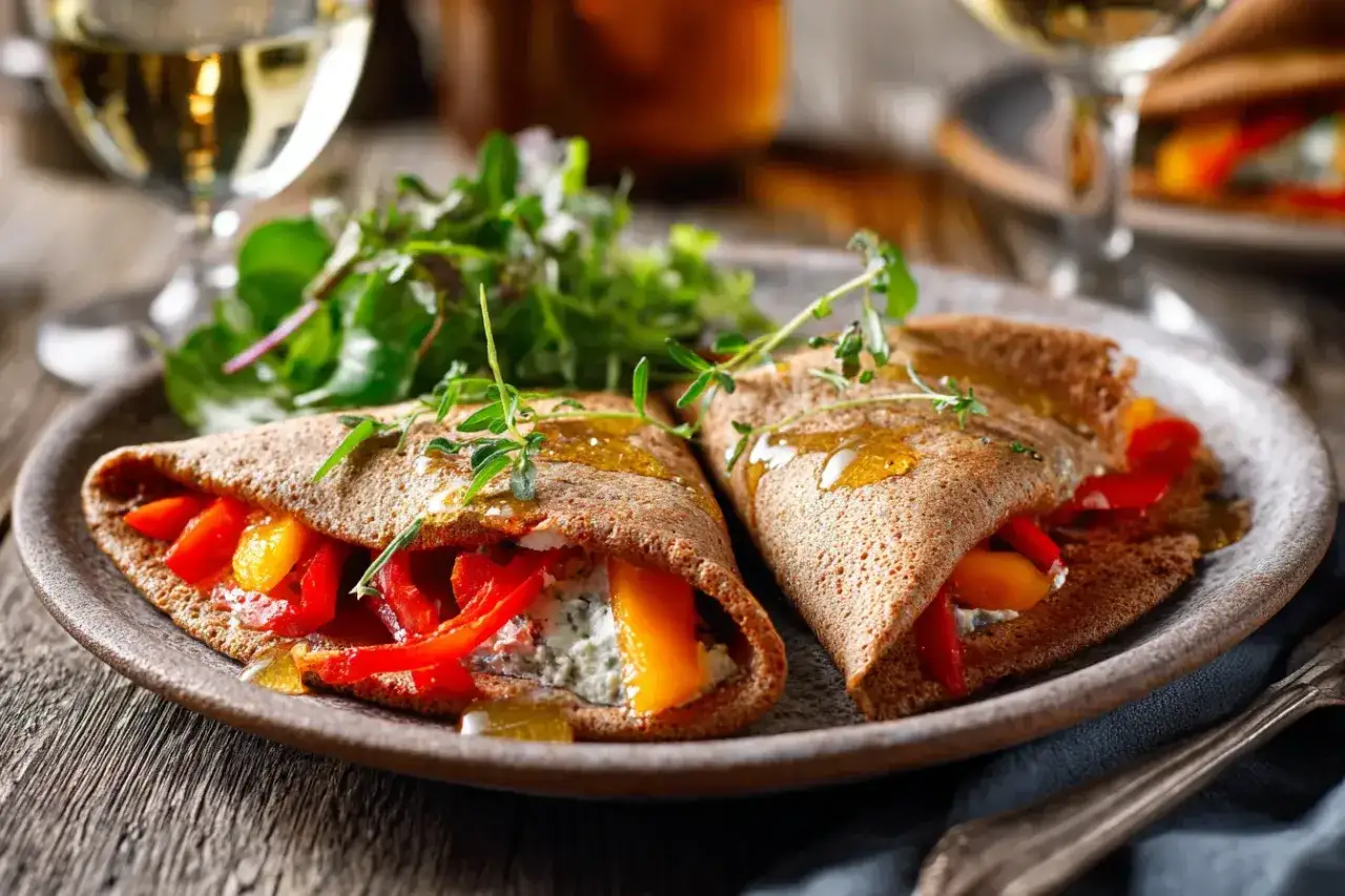 Herzhafte Galettes mit Paprika und K&auml;se, garniert mit Kr&auml;utern und Honig. Ein k&ouml;stliches Galettes Rezept f&uuml;r Genie&szlig;er.