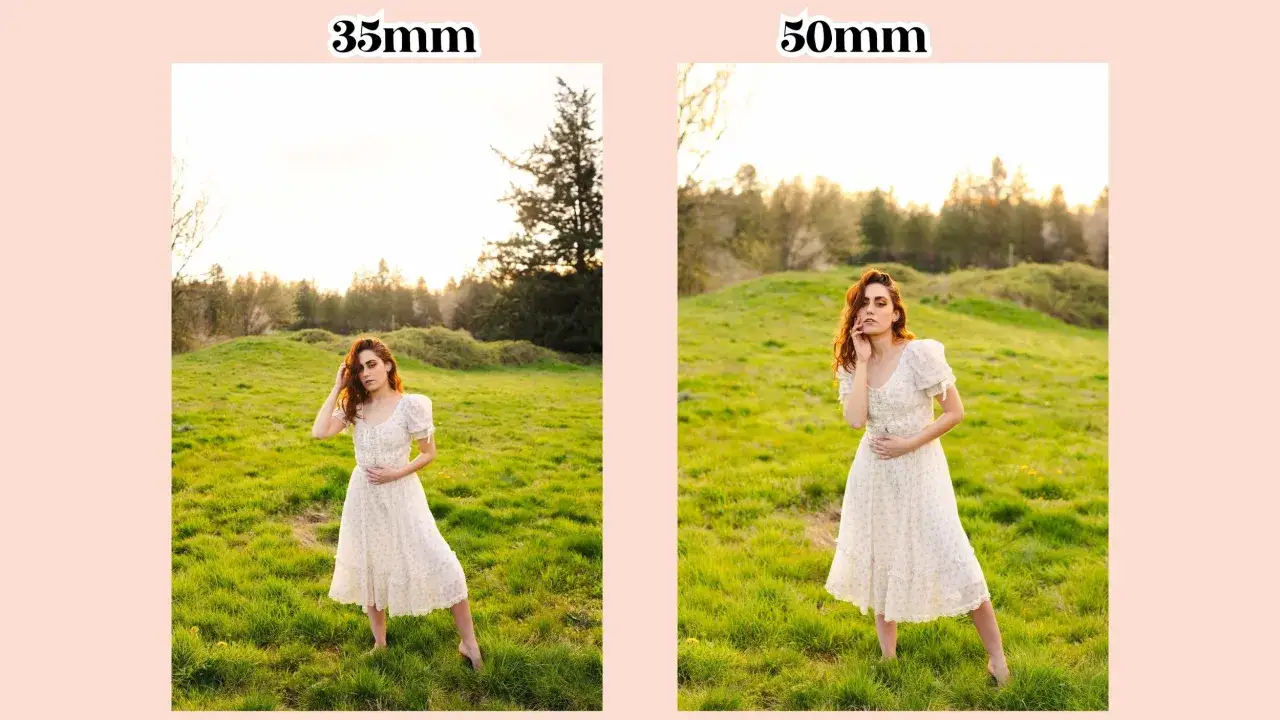 Comparativa de lentes: una mujer con vestido blanco en un campo verde, capturada con 35mm vs 50mm.