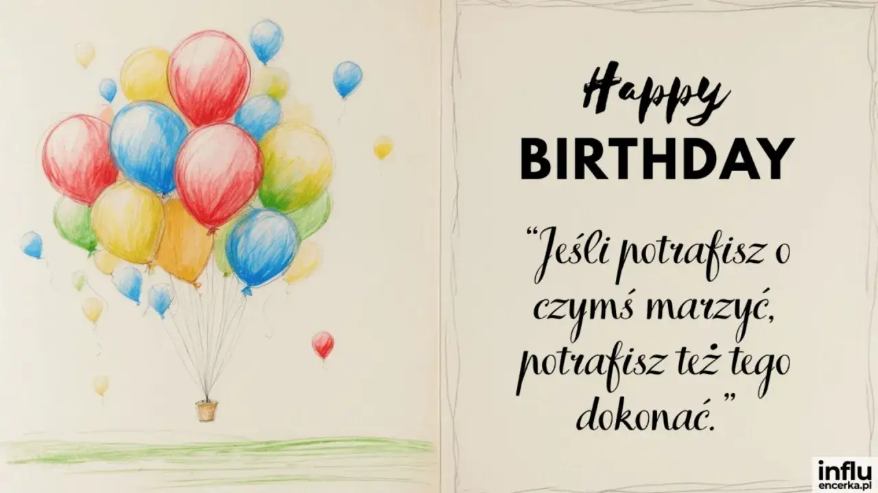 Balony unoszą się w powietrzu, a obok cytaty z książek na urodziny: 