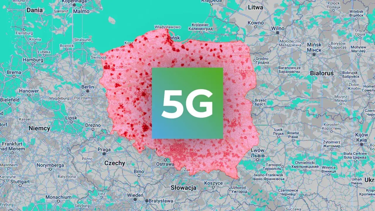 Mapa Europy z zaznaczonym zasięgiem 5G. Widoczny jest **plush na kartę** w formie ikony 5G na tle Polski i okolic.