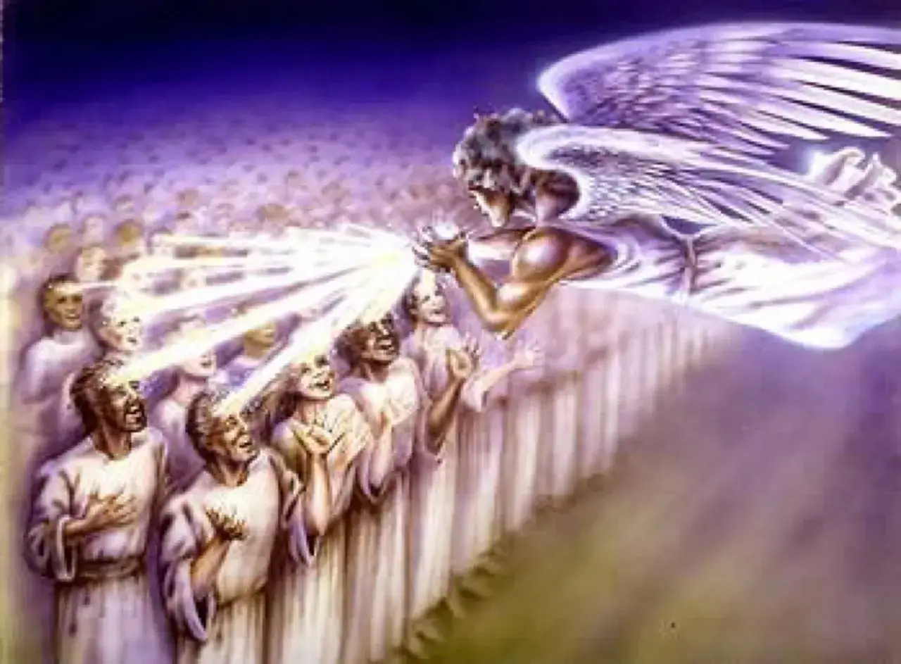 An angel bestows divine light, a spiritual seal of God, upon a rapturous crowd.