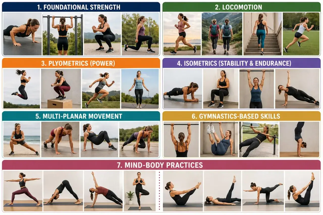 Fitness tipps: Frauen üben Kraft, Laufen, Sprünge, Isometrie, Beweglichkeit, Gymnastik und Yoga.