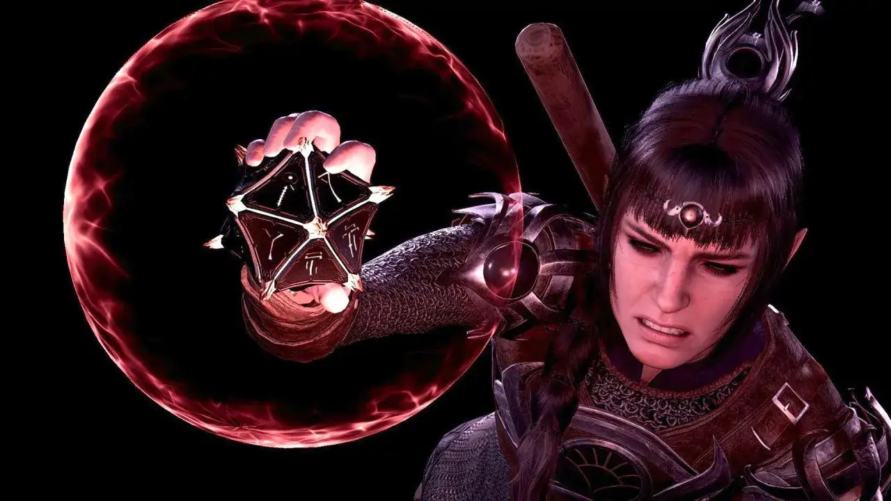 Una elfa de Baldur's Gate 3, con expresión de dolor, invoca un orbe de energía roja con un artefacto pentagonal.