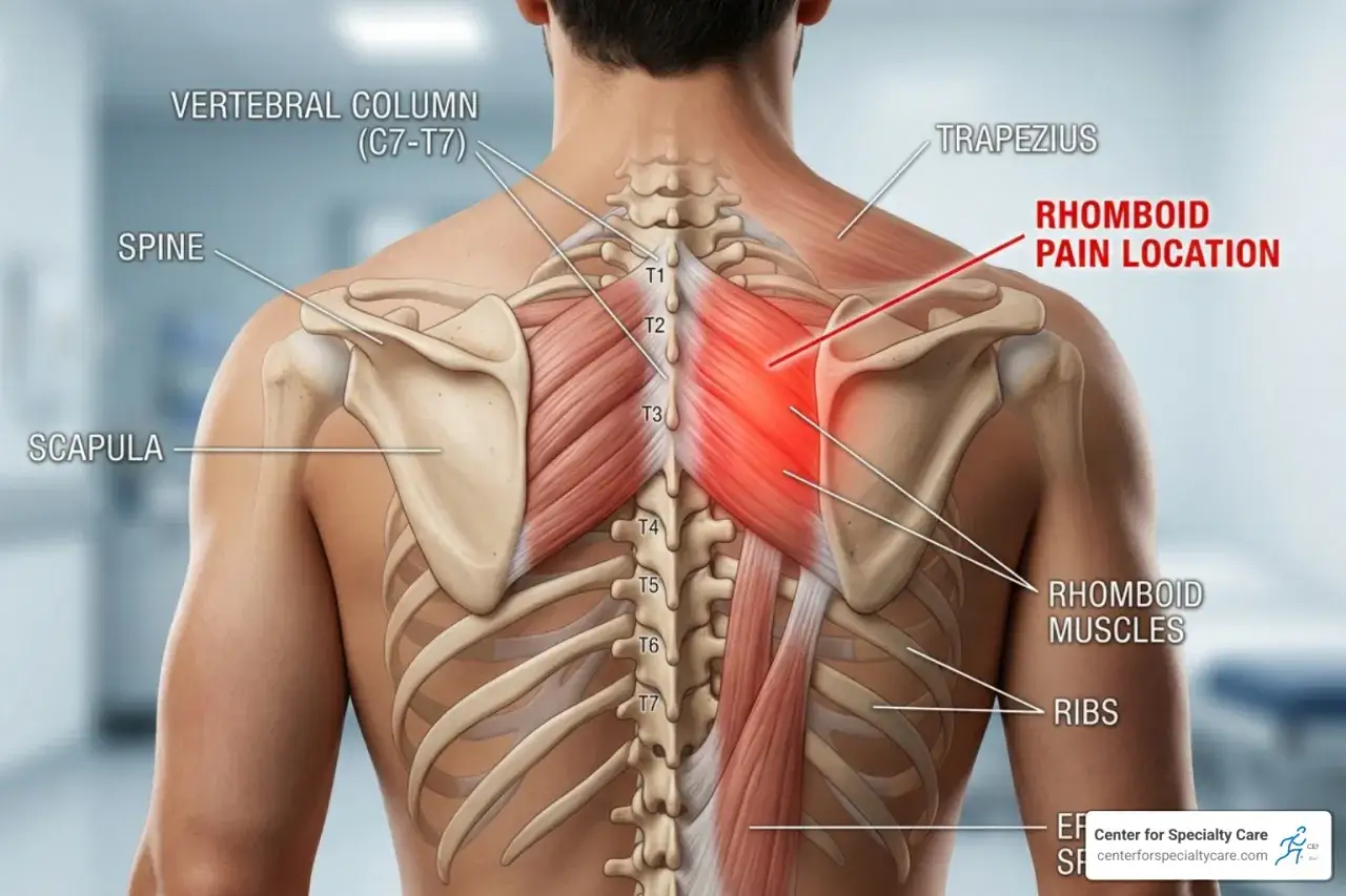Anatomia pleców z zaznaczonym obszarem bólu w mięśniach równoległobocznych, wskazującym na piekący ból pleców na wysokości łopatek.