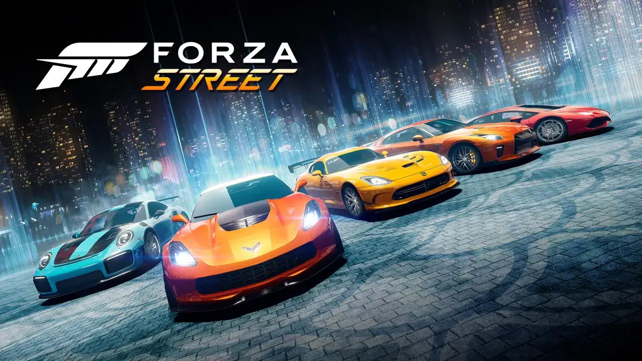 Pięć sportowych samochodów, w tym pomarańczowy Chevrolet Corvette, żółty Dodge Viper i niebieski Porsche, gotowych do wyścigu w grze Forza Street.