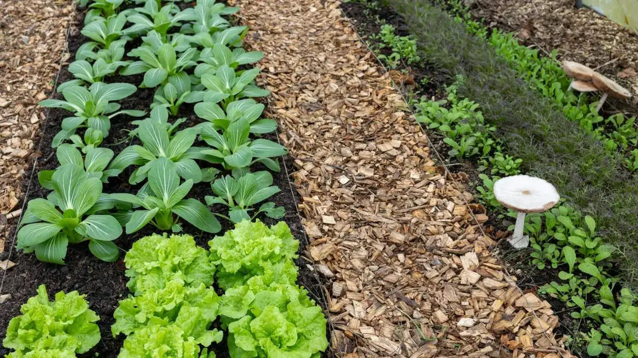 Grządki z sałatą i pak choi, ścieżka zrębkami drewna. Grzyby rosną obok, jakby chronione przed szkodnikami, niczym naturalny **limocide**.