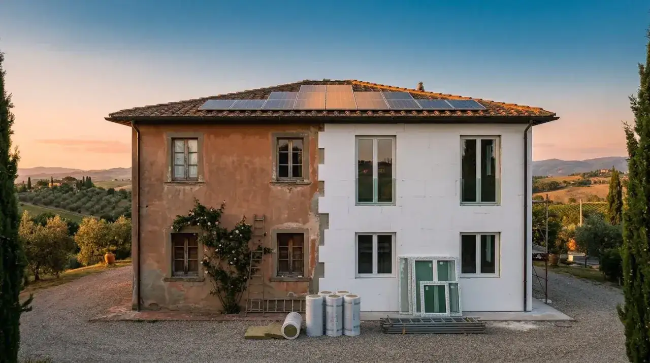 Ristrutturazione casa in Toscana: isolamento a cappotto e pannelli solari per aumentare classe energetica.