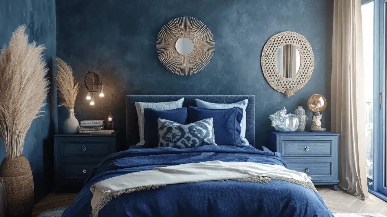 Ein stilvolles Schlafzimmer in Blau und Beige mit einem gro&szlig;en Bett, dekorativen Spiegeln und einem Pampasgras-Arrangement.