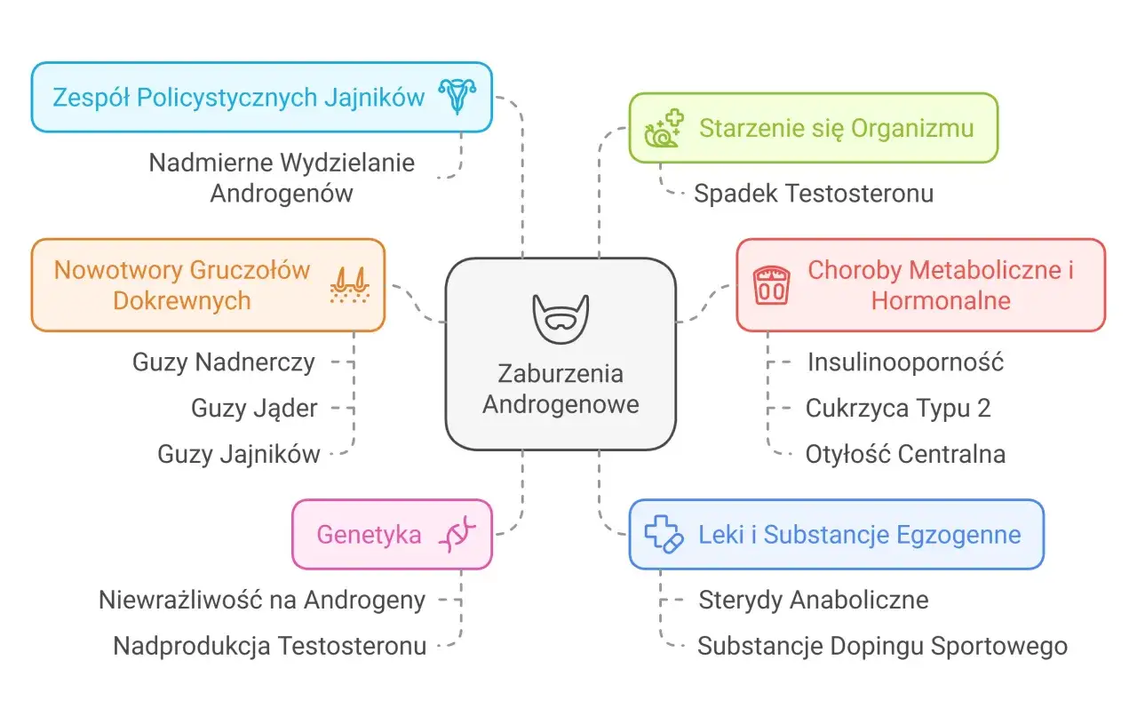 Mapa myśli o zaburzeniach androgenowych, w tym o nadmiernym wydzielaniu androstendionu, PCOS, nowotworach, genetyce, starzeniu, chorobach metabolicznych i lekach.