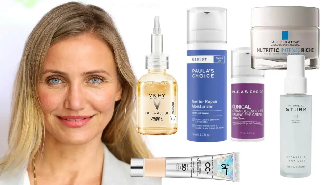 En kvinna med hudv&aring;rdsprodukter f&ouml;r klimakteriet. Inkluderar serum, fuktkr&auml;m och &ouml;gonkr&auml;m.
