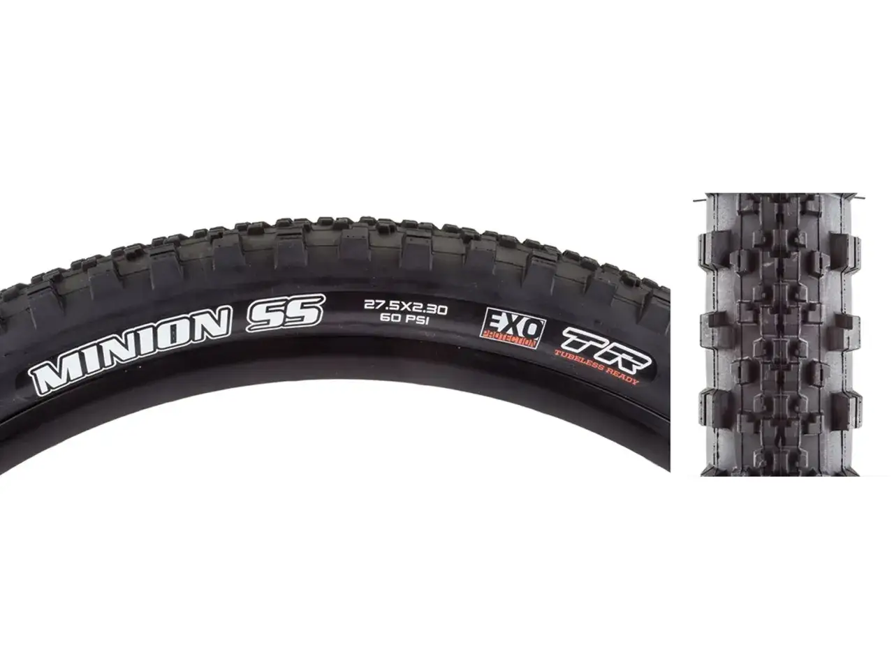 Close-up of a Minion SS mountain bike tire, showing its aggressive tread pattern and