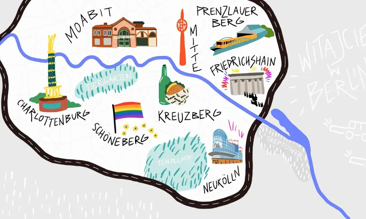 Ilustrowana mapa Berlina z zaznaczonymi dzielnicami, takimi jak Kreuzberg, Friedrichshain, Neukölln, które bywają określane jako niebezpieczne dzielnice Berlina.