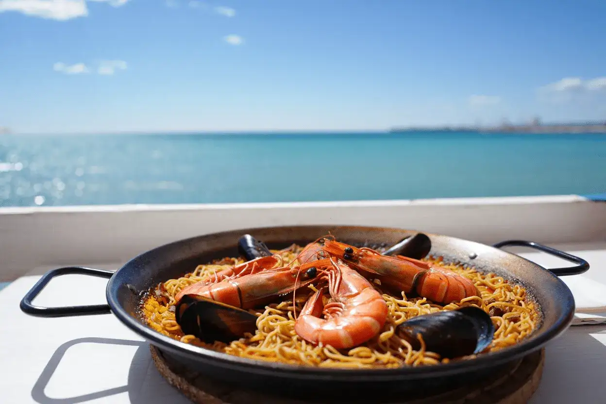 Fideuà marinera, una deliciosa receta con fideos, gambas y mejillones, lista para disfrutar frente al mar.