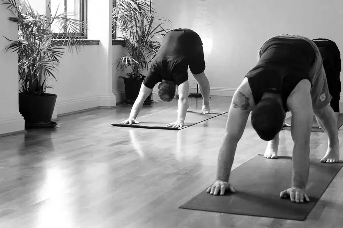 Män utför ashtanga yoga positioner i ett ljust rum med växter.