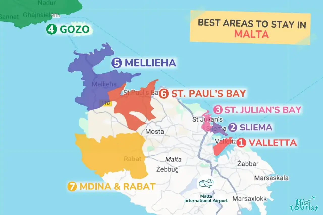 Mapa Malty z zaznaczonymi obszarami: Valletta, Sliema, St. Julian's Bay, St. Paul's Bay, Mellieħa, Gozo, Mdina & Rabat. Gdzie najlepiej?