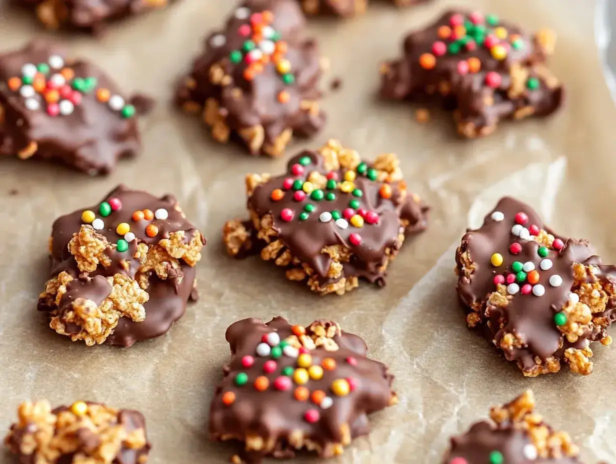 Roligt julgodis barn &auml;lskar! Choklad&ouml;verdragna krispiga godsaker med f&auml;rgglada str&ouml;ssel. Perfekt f&ouml;r julpyssel.
