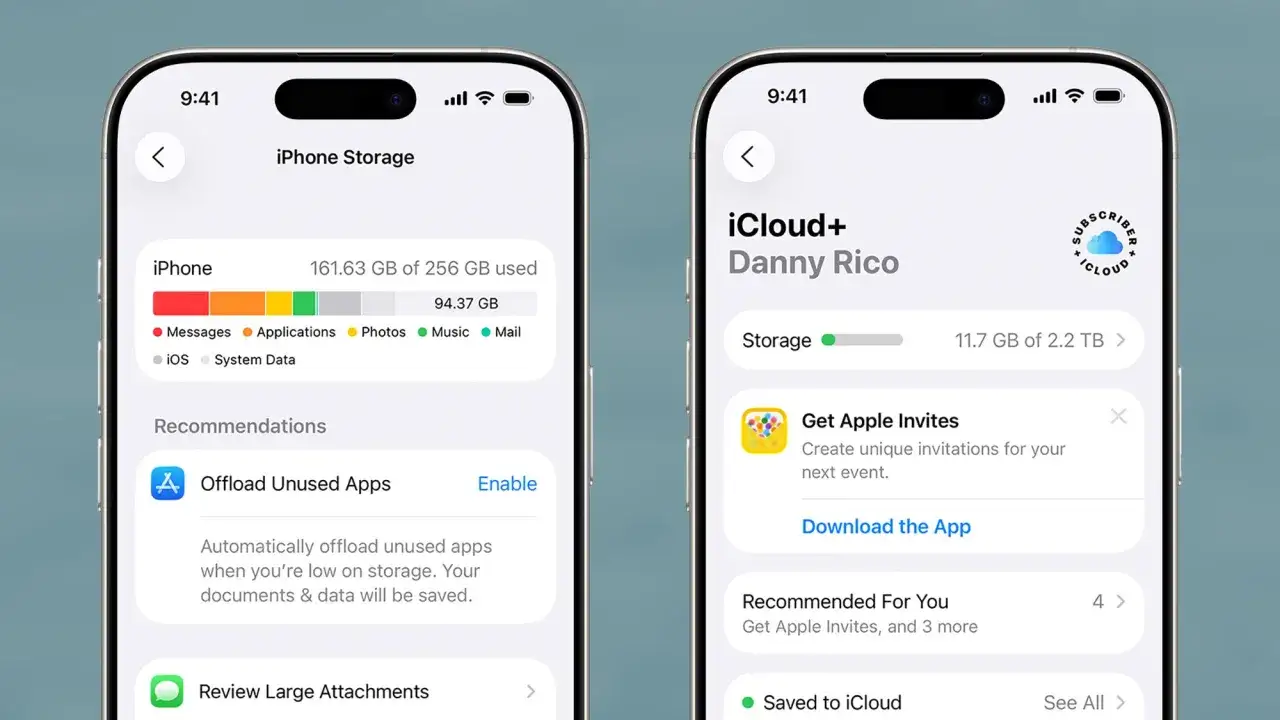 Jak sprawdzić pamięć w telefonie iPhone: widok zajętości pamięci wewnętrznej i danych w iCloud.