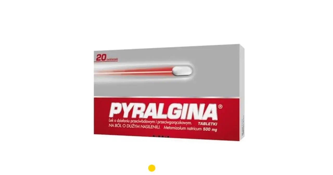 Opakowanie Pyralginy 20 tabletek. Lek na silny ból i gorączkę, zawiera metamizolum natricum 500 mg.