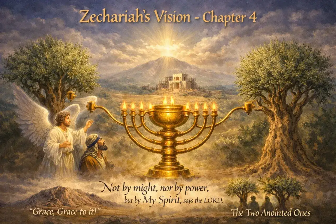 An angel explains Zechariah's vision of a golden menorah and olive trees, symbolizing God's Spirit empowering His work.