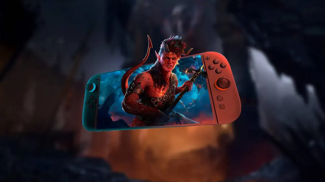 Diabeł z toporem na ekranie konsoli, zapowiedź gry Baldur's Gate 3 na Switch.