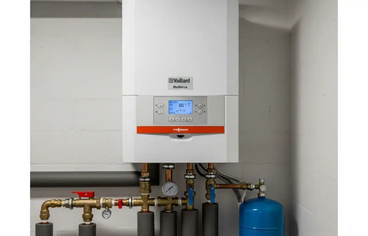 Moderne Heizungsanlage mit digitalem Display und Rohrsystem. Ideal für die Abschreibung einer Heizungsanlage bei Vermietung.