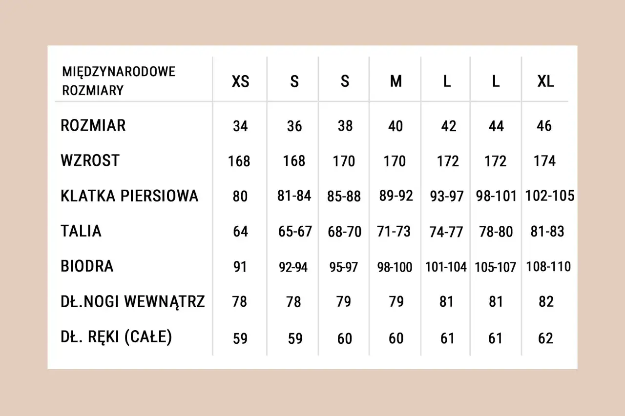 Tabela rozmiarów od XS do XL. Wzrost 176 cm odpowiada rozmiarowi L (42/44).