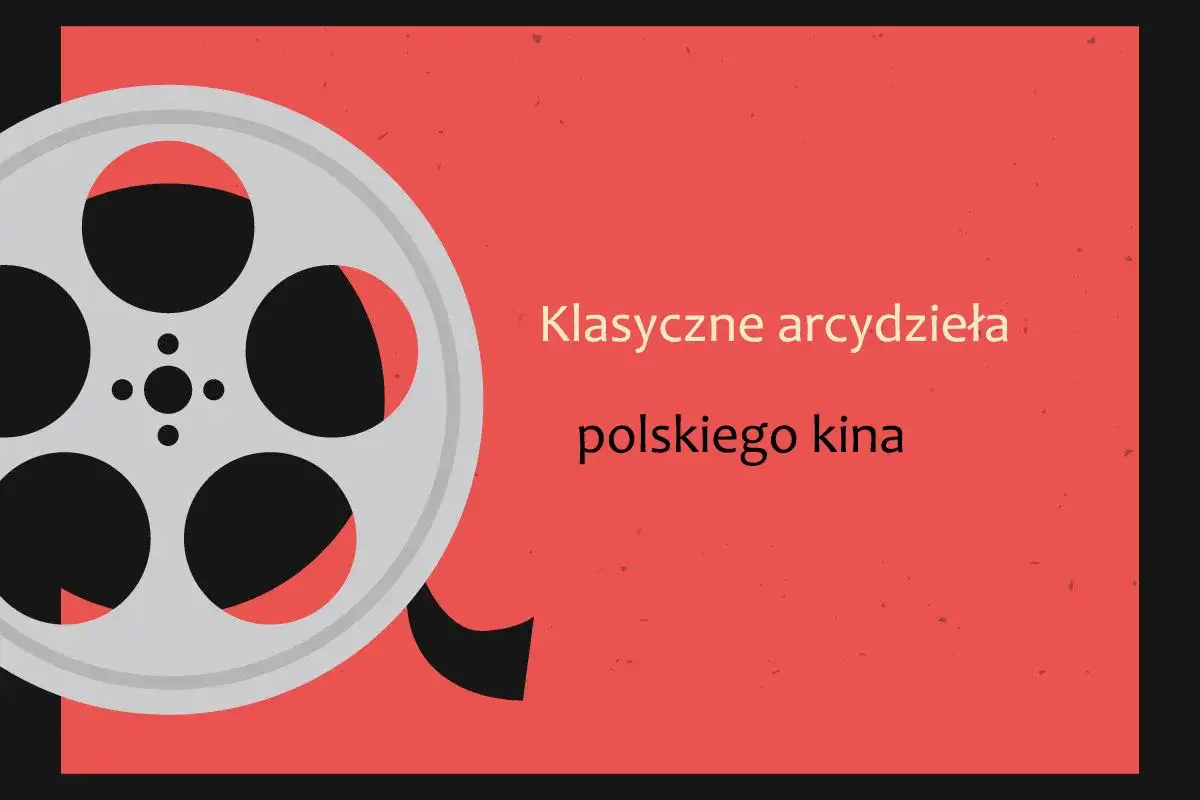 Szara taśma filmowa na czerwonym tle, z napisem 