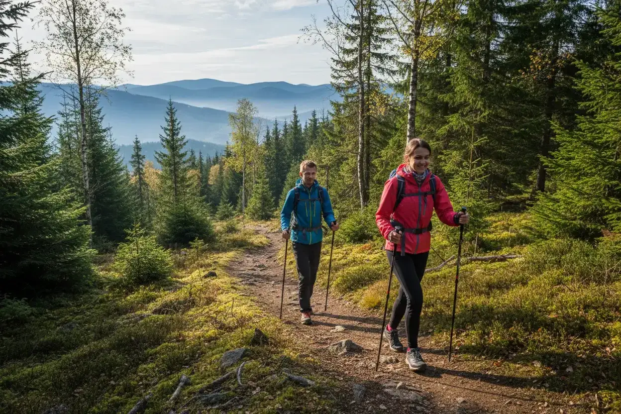Para zacząć przygodę z nordic walking, wystarczy wybrać się na malowniczy szlak w lesie.
