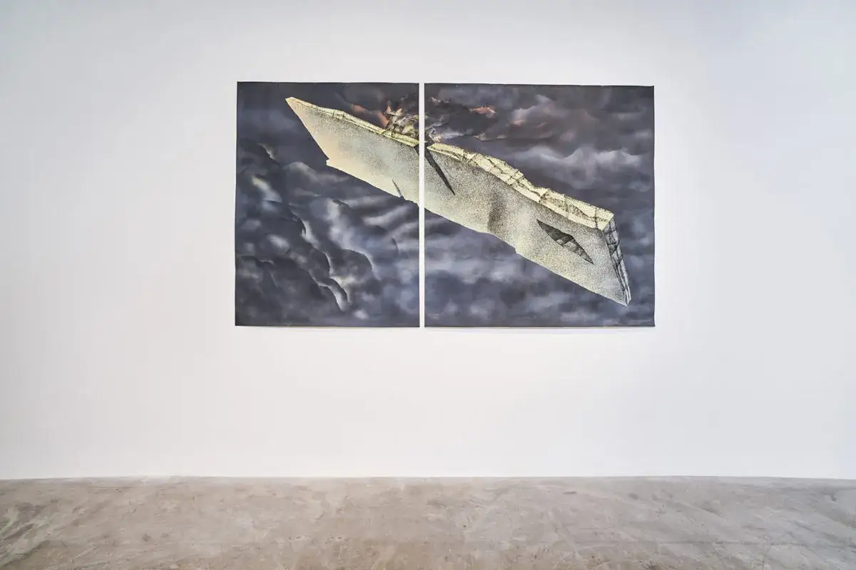 A diptych artwork depicts a fragmented, angular form against a stormy, dark sky. This piece evokes themes that had the largest impact on modern art, such as fragmentation and the sublime.