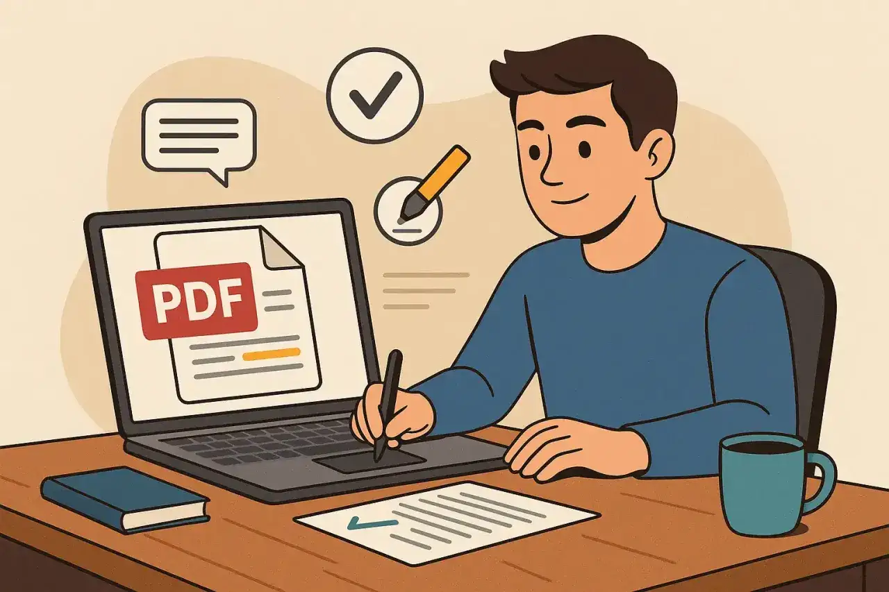 Man skriver om texter på sin dator, med en PDF-fil öppen. En kaffekopp står bredvid.