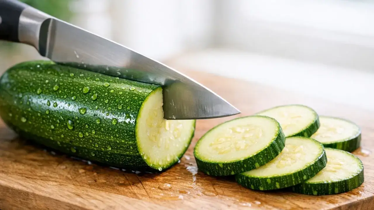 Une courgette est coup&eacute;e en rondelles sur une planche en bois, pr&ecirc;te &agrave; congeler pour une utilisation future.