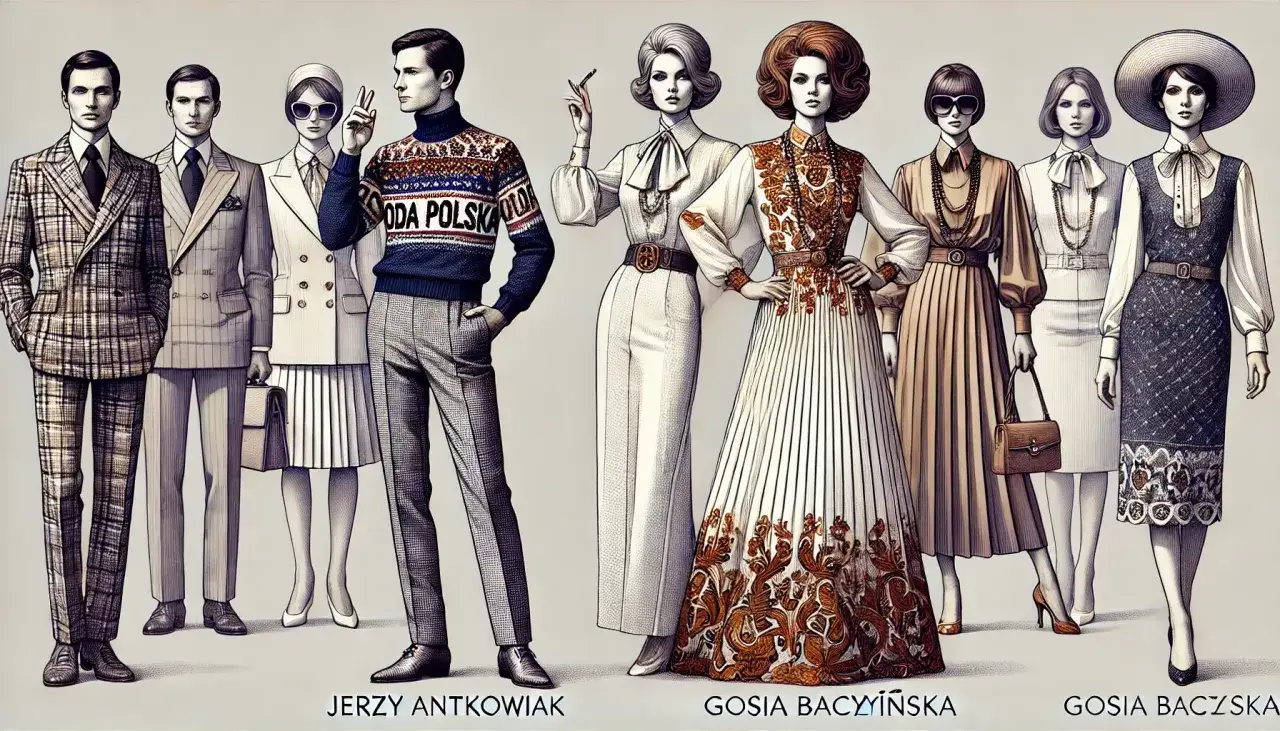 Elegancka kolekcja od projektantów mody Polska. Modele prezentują stylizacje z lat 70.