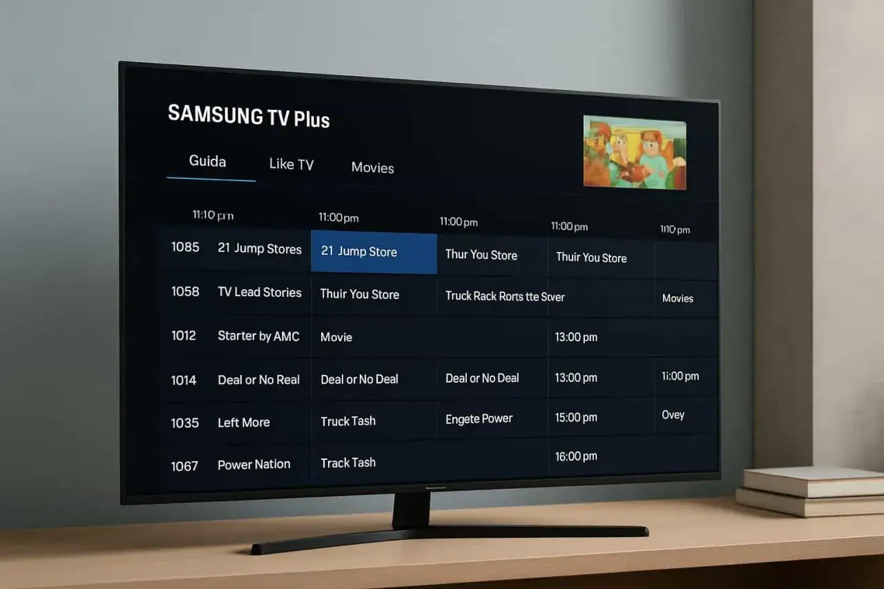 Elektroniczny przewodnik po programach (epg) na Samsung TV Plus pokazuje listę kanałów i programów, np.